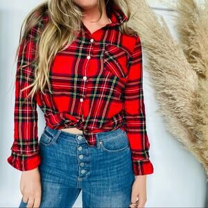 OLD NAVY Red White Green Classic Plaid Flannel Button Down Shirt Top Blouse S